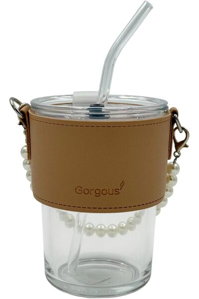 B&D Elegant glass cup with pearl chain strap, brown leather sleeve, clear straw, 300ml