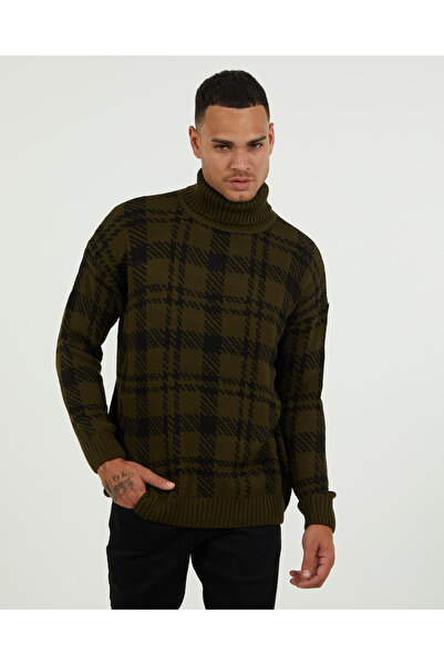 elkumoda Oversized Balıkçıyaka Sweater Cotton Plaid Patterned Relaxed Fit High Neck Knitwear