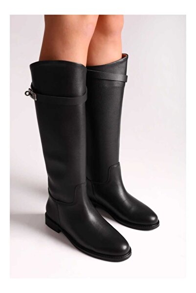 POTEEN Cizme lungi și elegante pentru călărețe Hermod pentru femei, cu detalii accesorii C311-Negru