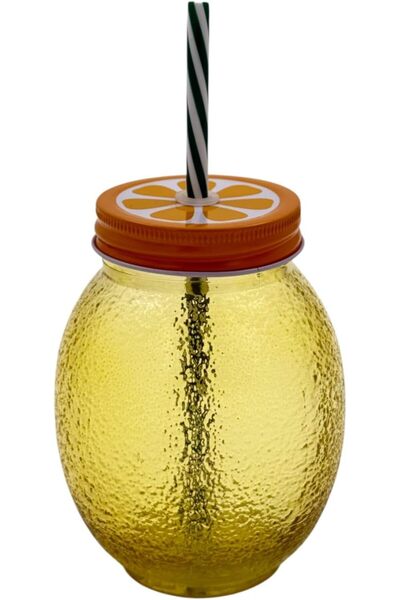 B&D Lemon-shaped Mason Jar Glass Cup with Straw, Citrus Orange Lid, Yellow, 550 ml