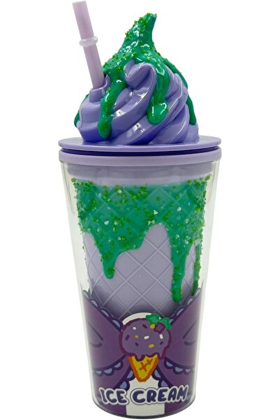 B&D Ice Cream Design Plastic Cup with Lid and Straw, Purple and Green, 500 ml, Decorative Crystal Design