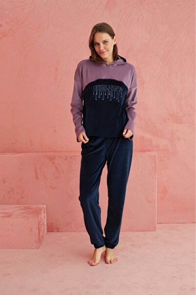 ELİTOL Кадифе Honey Жіночий домашній комплект з капюшоном – Ліла Синій