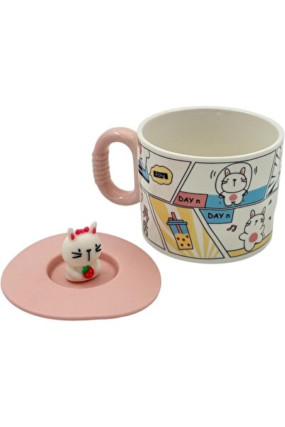 B&D Cute Ceramic Coffee Mug with Pink Bear Lid, Comic Strip Design (White/Pink)