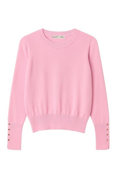 Mixray 6736 Women's Crew Neck Sleeve Drop Knit Sweater Pink