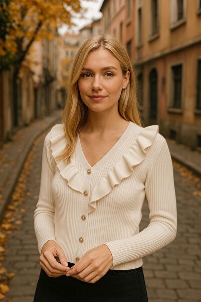 Sfg Life Moda Women's Button Detail Design V-Neck Sweater-Cardigan