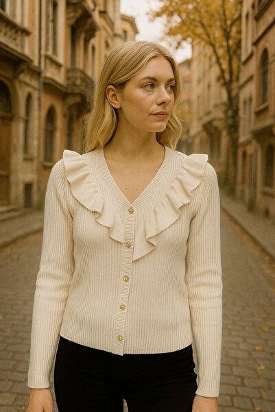 Sfg Life Moda Women's Button Detail Design V-Neck Sweater-Cardigan