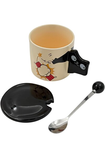 B&D Ceramic Cat-Handle Coffee Mug Set with Black Lid and Spoon - Beige & Black