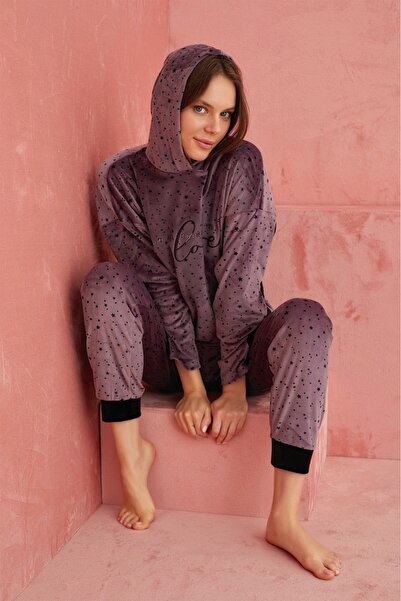 ELİTOL Velvet Love Star Patterned Hooded Piece Women's Home Set – Lilac