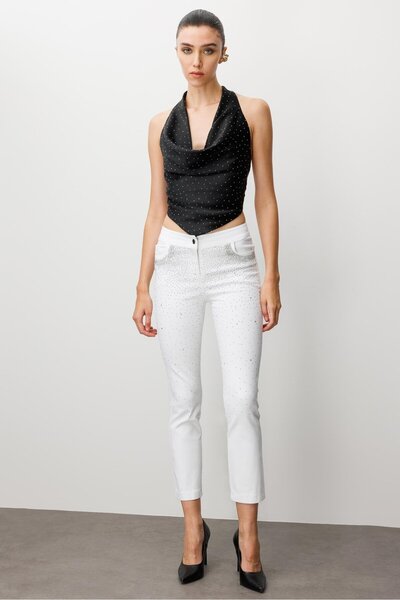 Moda İlgi Modailgi Serpme Taş Detaylı Dar Kesim Bilek Boy Yıkamalı Pantolon Ekru