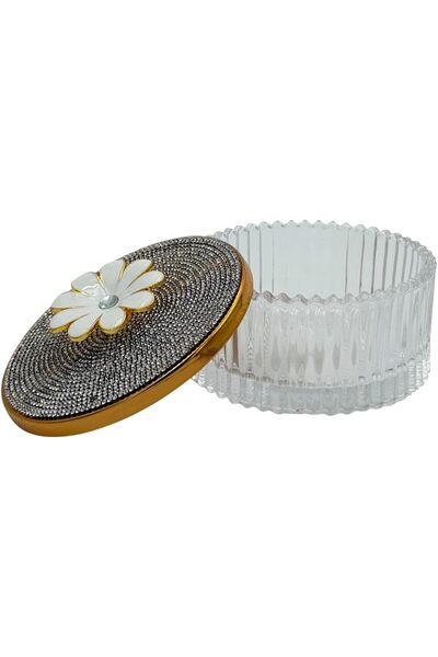 Bnd Decorative Glass Jewelry Box with Rhinestone Lid, Gold Accent & White Flower (Round)