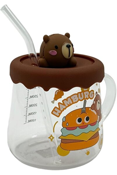 B&D Cute Hamburger Glass Measuring Cup with Bear Lid & Straw, 450 ml