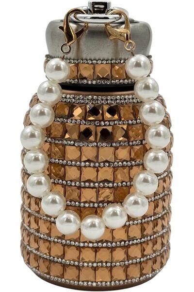 B&D Luxury 300ml Stainless Steel Insulated Flask with Pearl & Crystal Decoration (Gold Diamond Pattern)