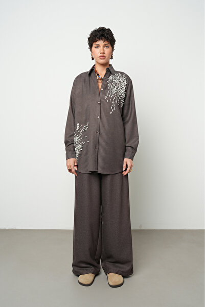 Orfeo Negro Women's Stone Embroidered Striped Brown O Oversized Shirt