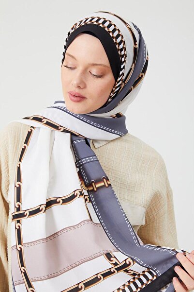 Levidor A.Haki Zincir Desen Violet Medine İpeği Şal