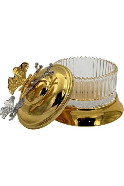B&D Decorative Glass Jar with Gold Lid, Crystal-Cut Design, Butterfly Handle, Elegant Storage Contai