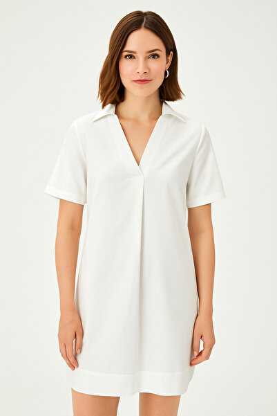 Allyco Rochie cămașă albă cu mâneci scurte cu decolteu în V