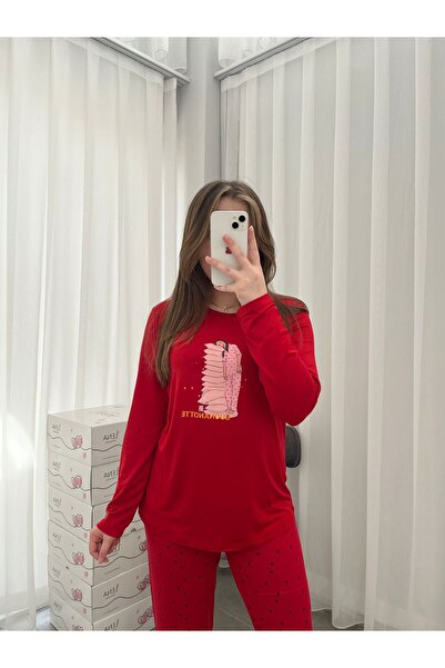 Lena Homewears Red Print Detailed Long Sleeve Milan Pajama Set