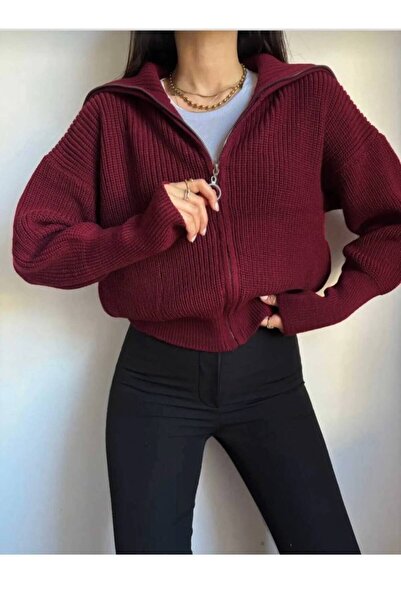 Nopen Knitwear Women's Burgundy Turn-Down Collar Zippered Knitwear Cardigan