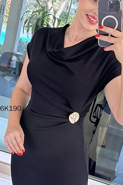 İnce Topuk Degaje Collar Buckled Ribbed Knit Dress 6K190