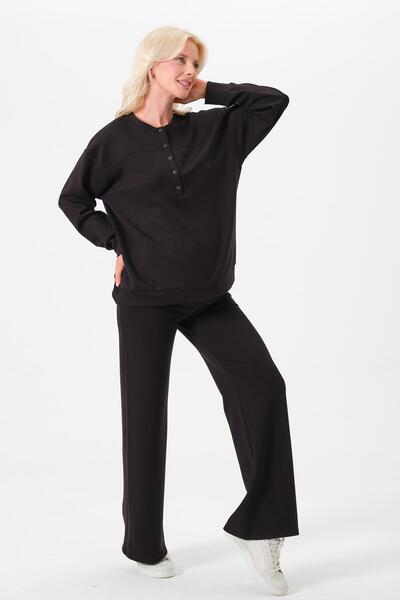 BUSA Maternity Stretchy Waistband Wide Leg Buttoned Collar Modal Tracksuit Set Black