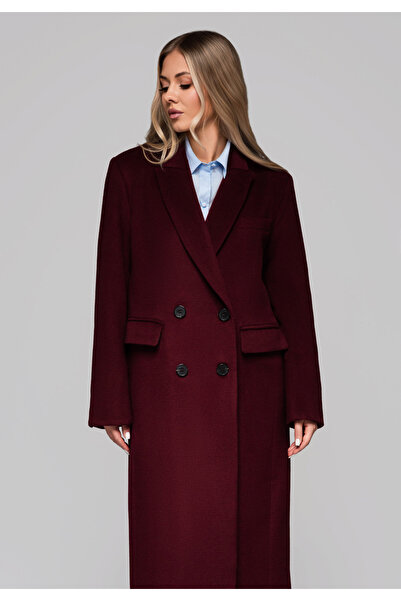 OMBRE Dámský dlouhý vlněný kabát LARICA OW-COLC-0100 v3 - bordó