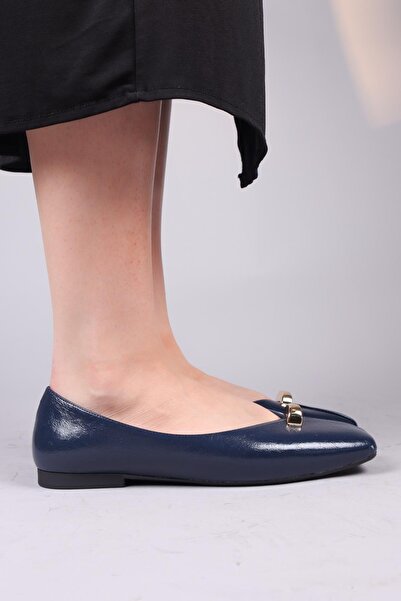 Birikon Chin Gold Buckle Ballerinas Dark Blue