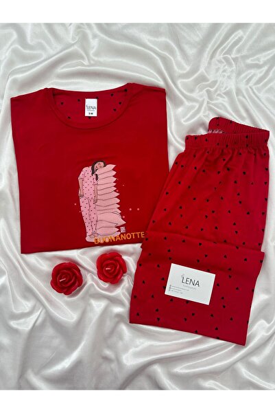 Lena Homewears Red Print Detailed Long Sleeve Milan Pajama Set