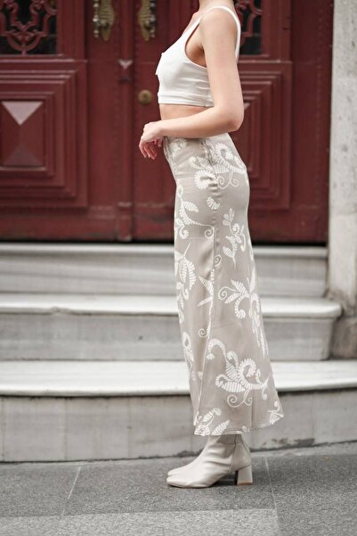 Gugus Women's Satin Skirt A-Cut Patterned Imported Fabric