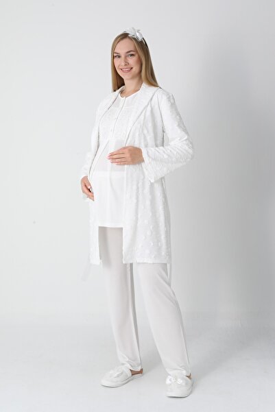 BLACKMORE Women's Ecru Jacquard Shawl Collar Cotton Winter Maternity Pajamas with Dressing Gown 3-Piece Set