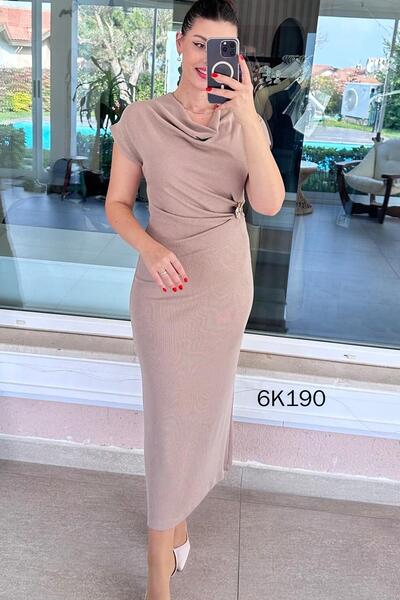 İnce Topuk Degaje Collar Buckled Ribbed Knit Dress 6K190