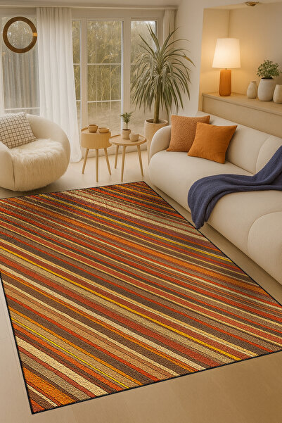 Rugs Modern Halı MOSSO Πορτοκαλί Αποχρώσεις με Ριγέ Σχέδιο Υφαντή Βάση Μοντέρ...