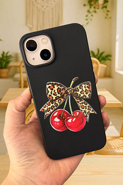 Vip Case iPhone 14 Plus ve 15 Plus Uyumlu Kiraz Leopar Fiyonk Desenli Silikon Darbe Emici Rubber Kılıf