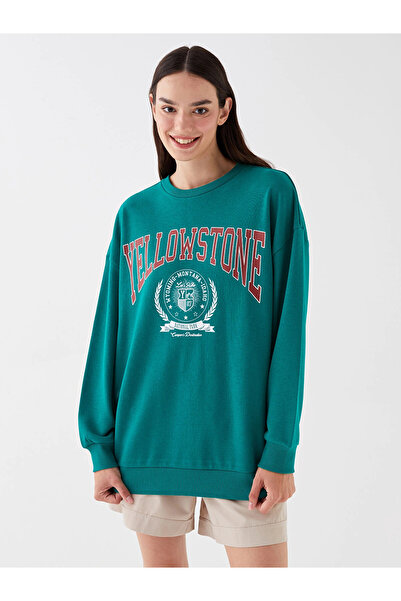 LC Waikiki LCW Vision Green guler rotund cu imprimeu Manecă lungă supradimens...