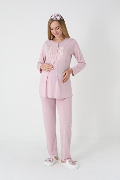 BLACKMORE Women's Salmon Jacquard Shawl Collar Cotton Winter Maternity Pajamas with Dressing Gown 3-Piece Set