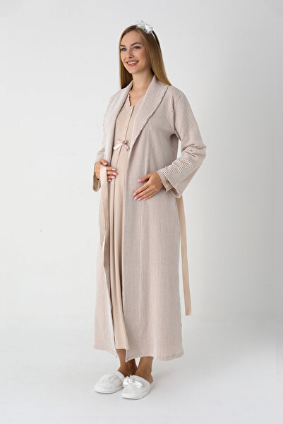 ERDENİZ TEKSTİL Set de cămașă de noapte și halat de maternitate din bumbac din viscoză / halat lung cu dungi jacquard