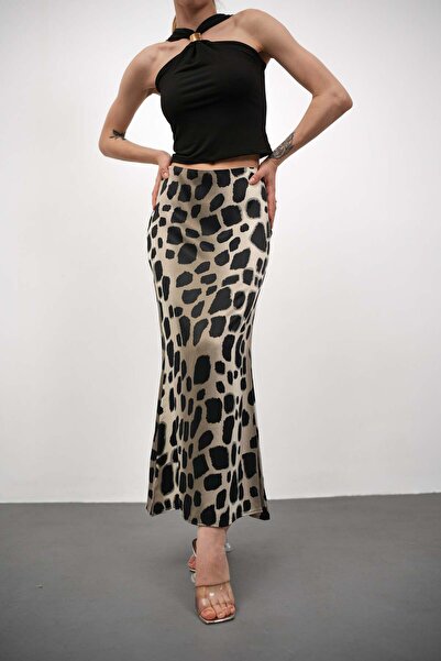 Gugus Women's Satin Skirt A-Cut Patterned Imported Fabric