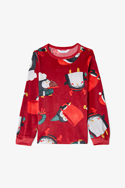 Penti Red Girl's Penguin Patterned Long Sleeve Pajama Set