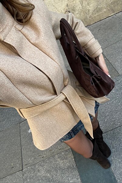 Laluvia Beige Shoulder Pad Layered Belted Cashmere Jacket - 1001