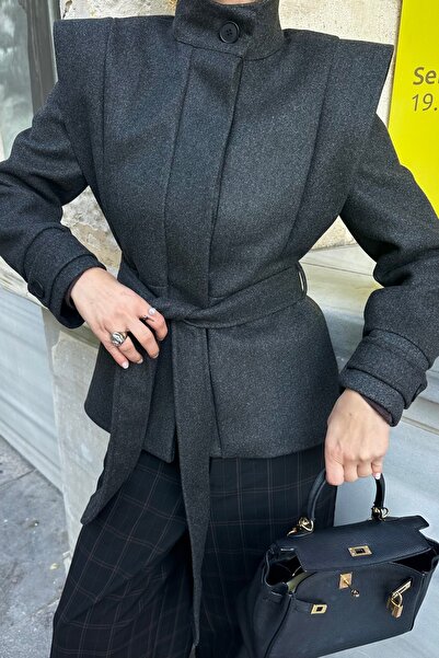 Laluvia Anthracite Shoulder Pad Layer Belted Cashmere Jacket - 1001