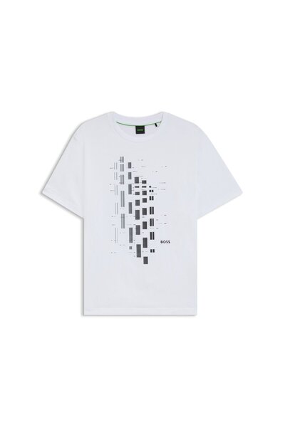 BOSS Erkek Bisiklet Yaka Kısa Kollu Desenli Vücudu Sarmayan Rahat Beyaz T-Shi...