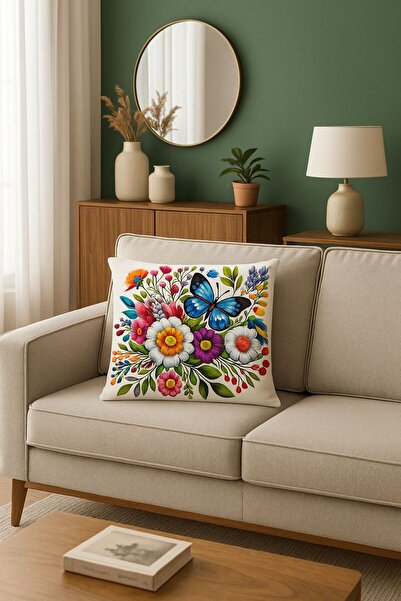 MİNOZA Digital Printed Punch Embroidery Look Decorative Throw Pillow Cover/ V...