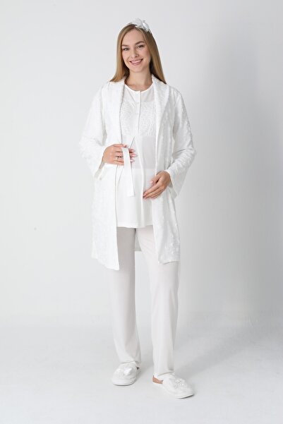 BLACKMORE Women's Ecru Jacquard Shawl Collar Cotton Winter Maternity Pajamas with Dressing Gown 3-Piece Set