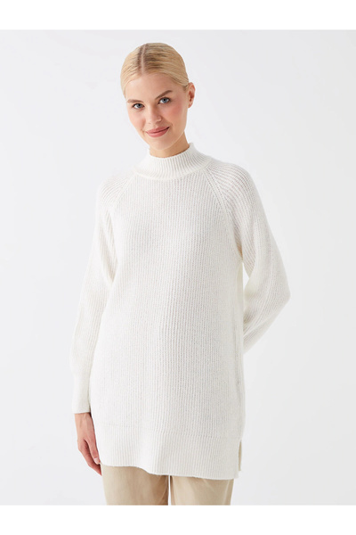 LC Waikiki Lcw modest ecru half turtleneck straight long sleeve women's knitwear tunic