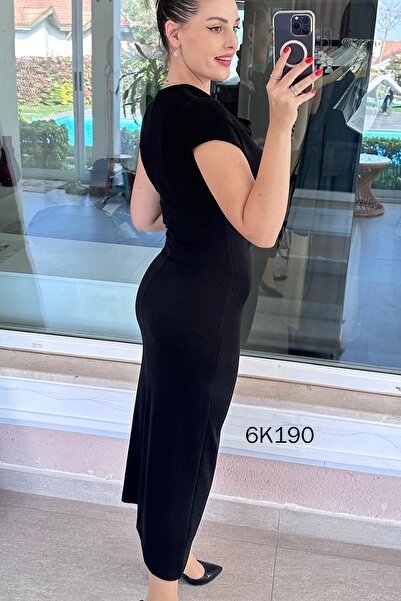 İnce Topuk Degaje Collar Buckled Ribbed Knit Dress 6K190