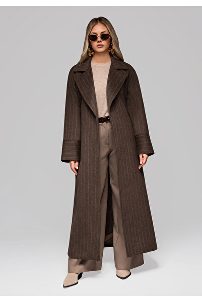 OMBRE Dámský kabát ve stylu županu s pruhy OW-COLC-0105 - hnědý