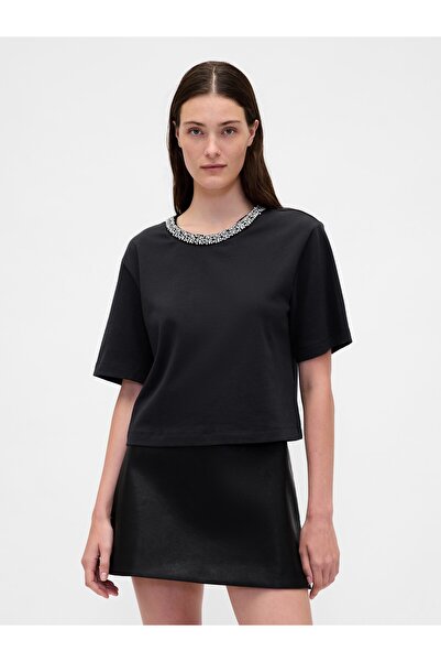 GAP Kadın Siyah Heavyweight Mücevher Yaka Kısa T-Shirt