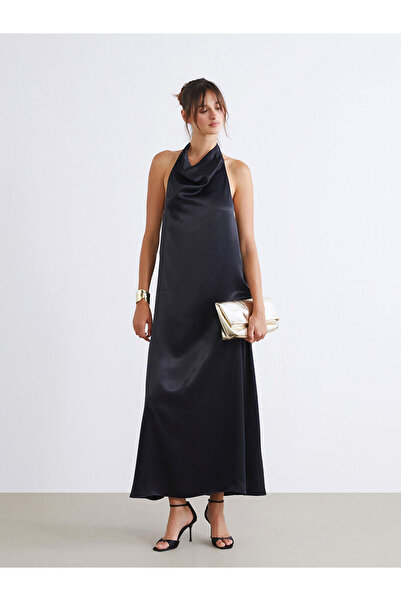 LC Waikiki Rochie de seară neagră din satin cu decolteu halter