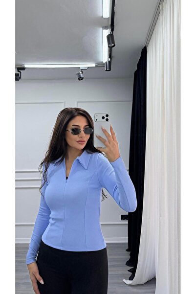 Daves Blue Polo Neck Half Zipper Stretchy Blouse