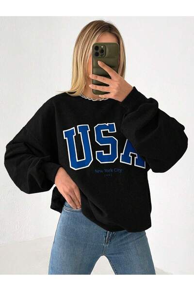 Miyalon Kadın Oversize USA Baskılı Bisiklet Yaka Sweatshirt