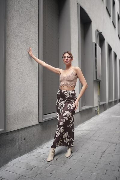 Gugus Women's Satin Skirt A-Cut Patterned Imported Fabric